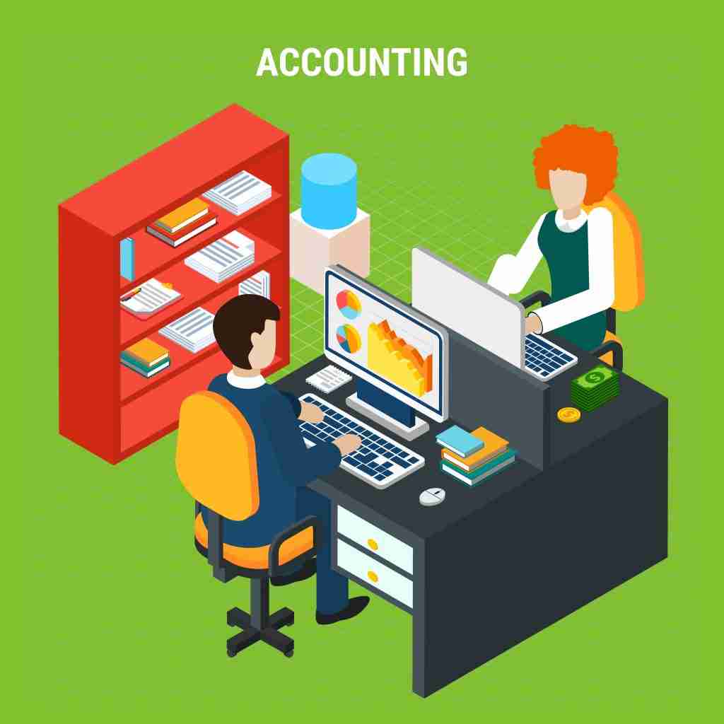 Banking accounting isometric composition on green background with staff at computer work in office vector illustration